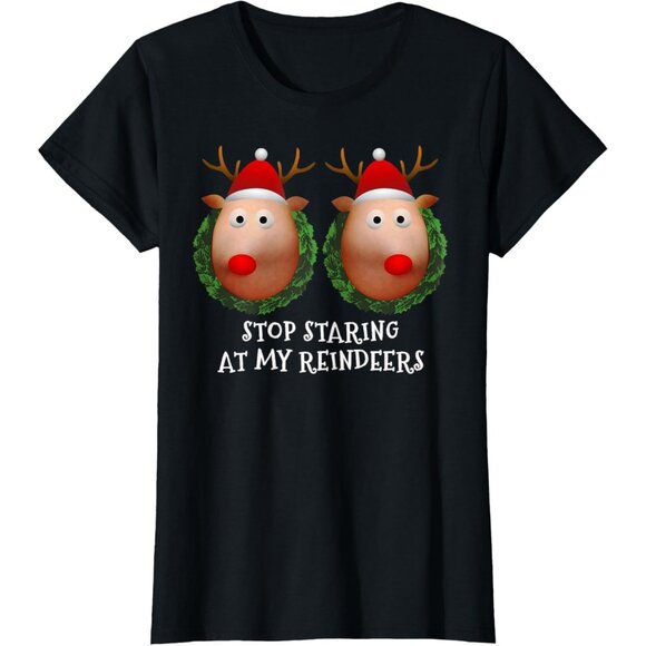 Women's Xmas Sweater Reindeer Boobs Funny Ugly Christmas Short Sleeve - Picture 1 of 2